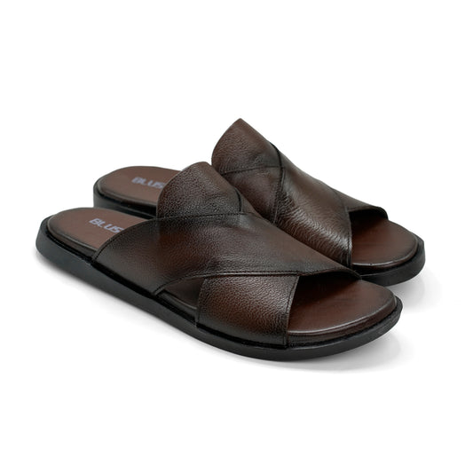 Brown Cross Strap Leather Slippers