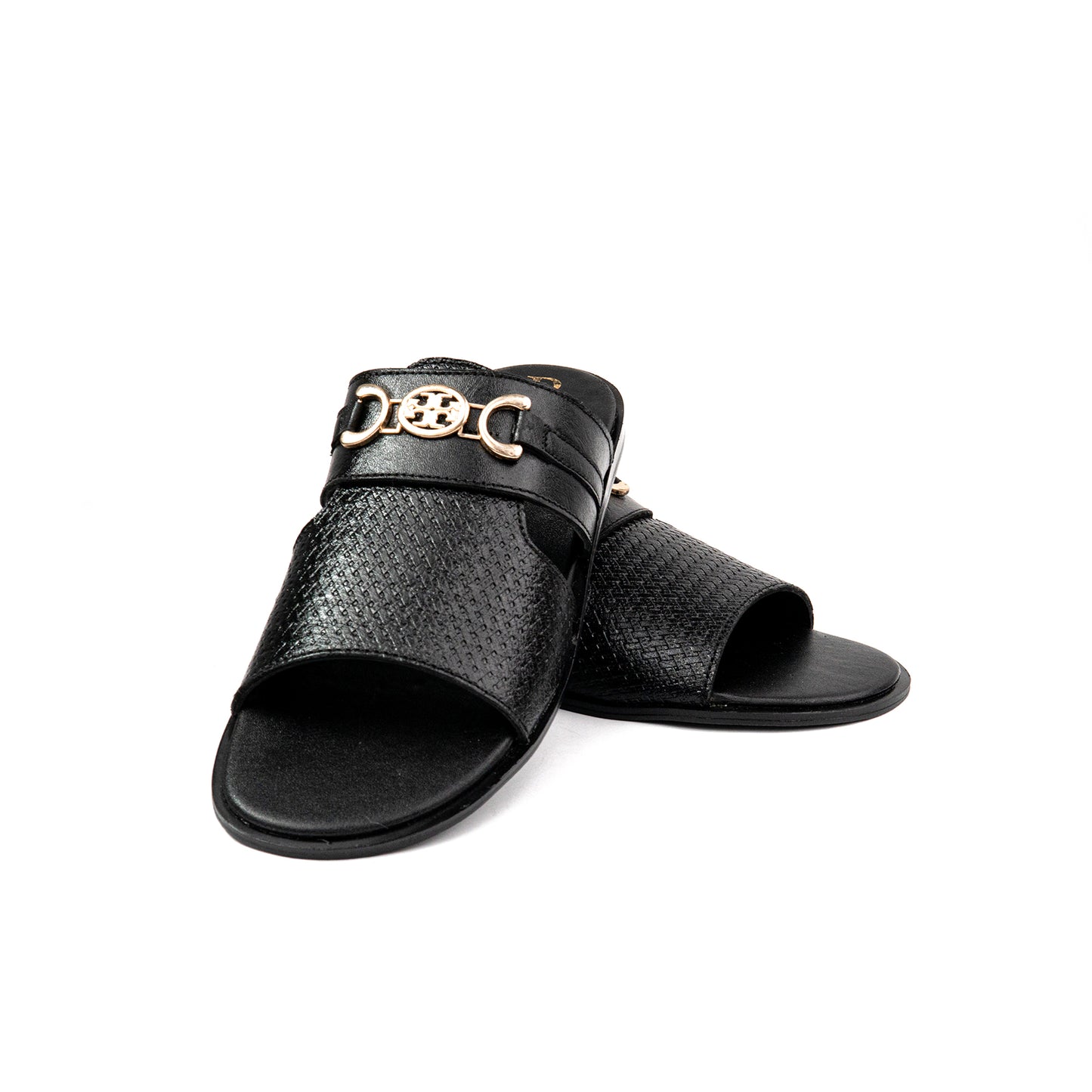 Black Dual Buckled Premium Leather Slippers