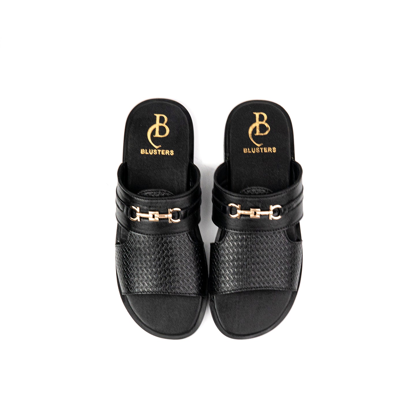 Black Buckled Premium Leather Slippers