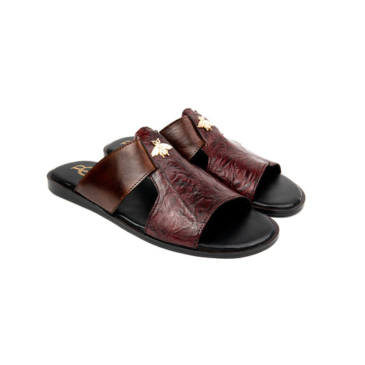 Brown Buckled Premium Leather Slippers